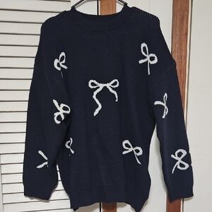 Elegant Navy Sweater with White Bow Details